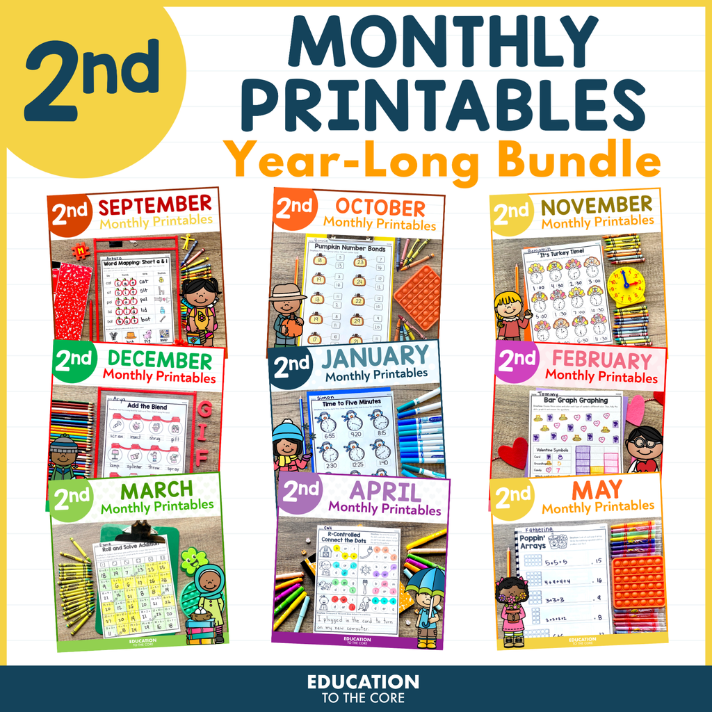 2nd Grade Monthly No Prep Printables Year-Long Bundle