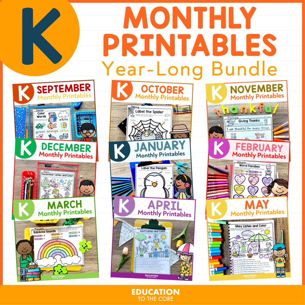 Kindergarten Monthly No Prep Printables Year-Long Bundle