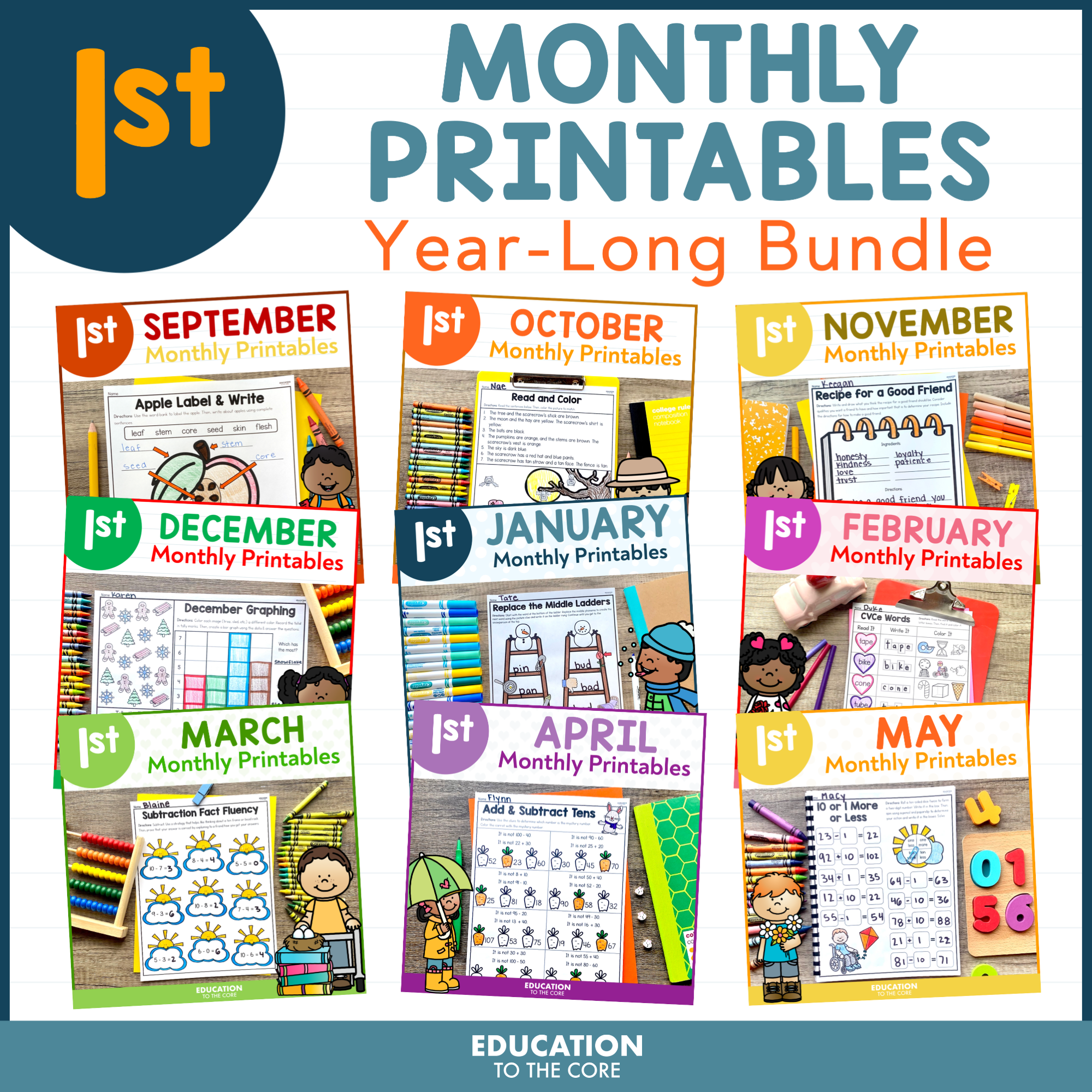 1st Grade Monthly No Prep Printables Year-Long Bundle